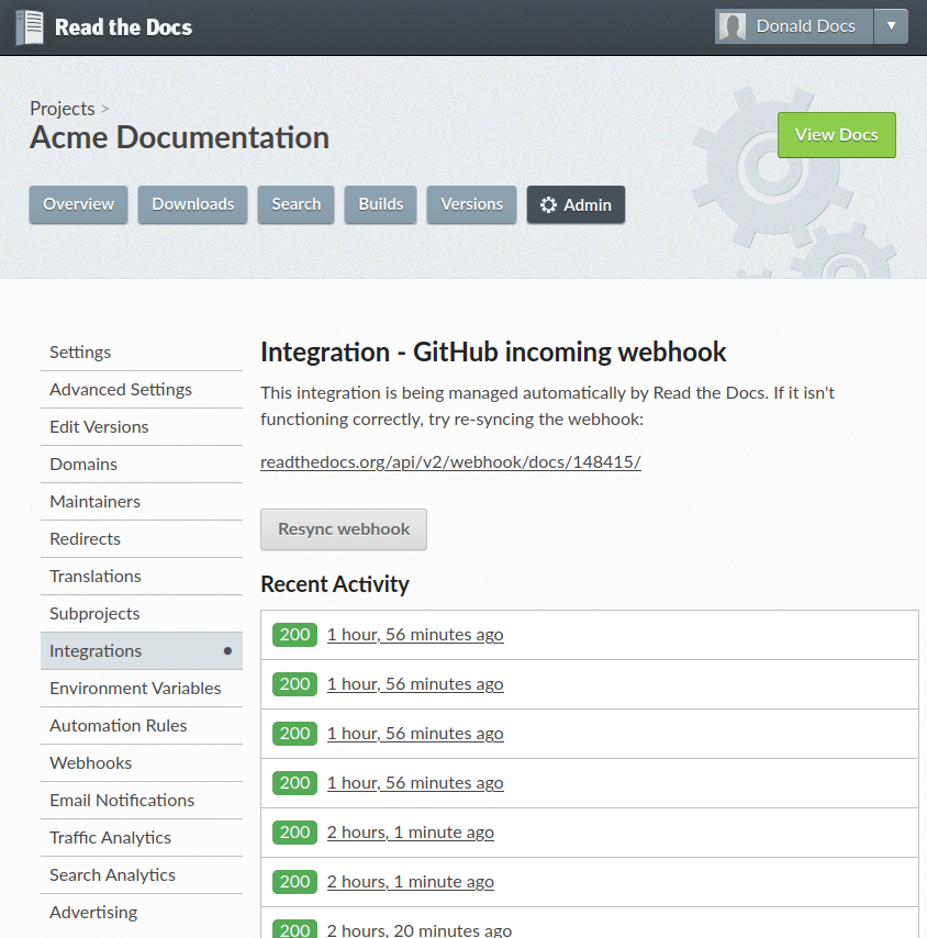 Screenshot of the Dashboard view for the incoming webhook